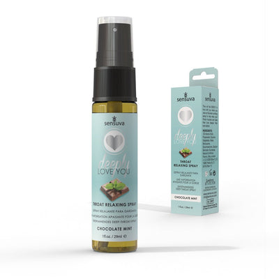 Sensuva Deeply Love You Chocolate Mint throat relaxing spray bottle and packaging with mint chocolate design.