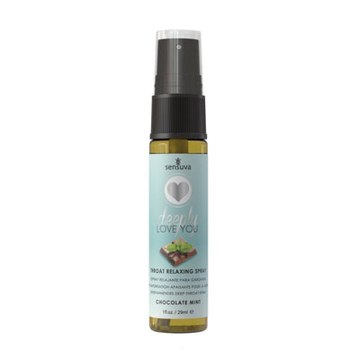 Sensuva Deeply Love You throat relaxing spray in chocolate mint flavor, 1 oz bottle with spray nozzle.