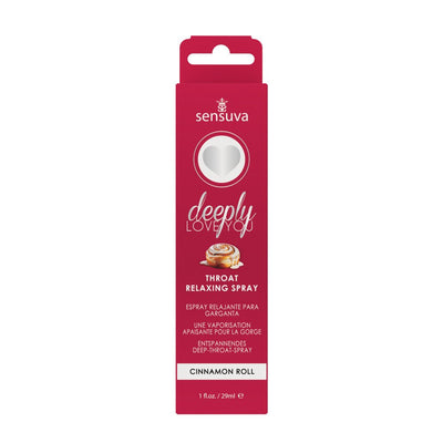 Sensuva Deeply Love You throat relaxing spray in cinnamon roll flavor, 1 oz red packaging with heart logo.