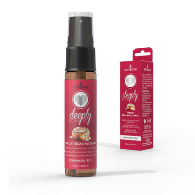 Sensuva Deeply Love You throat relaxing spray in cinnamon roll flavor with matching red packaging, 1 oz bottle and box.
