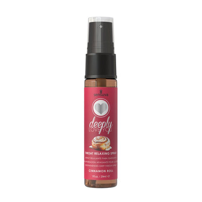 Sensuva Deeply Love You throat relaxing spray in cinnamon roll flavor, 1 oz bottle with red label and black spray cap.
