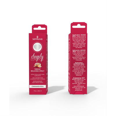Sensuva Deeply Love You throat relaxing spray box in cinnamon roll flavor shown from front and back with usage instructions.