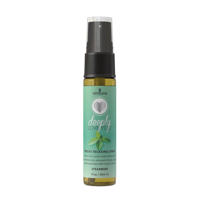 Sensuva Deeply Love You Spearmint throat relaxing spray in a 1 oz clear bottle with black spray top and green label.