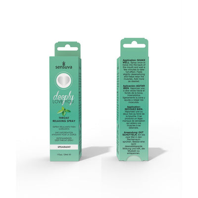 Sensuva Deeply Love You Spearmint Throat Relaxing Spray packaging front and back view in green box