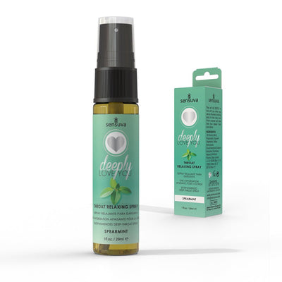 Sensuva Deeply Love You Spearmint throat relaxing spray bottle and packaging with mint leaves design.