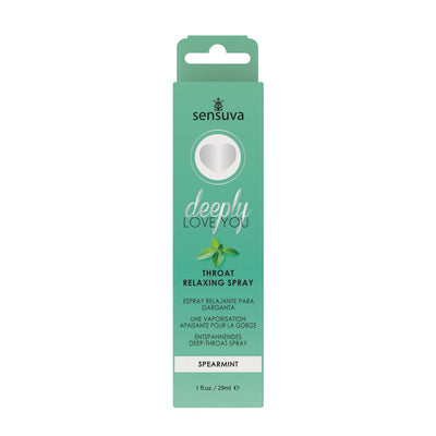 Sensuva Deeply Love You Spearmint throat relaxing spray in green packaging, 1 oz bottle for soothing and numbing throat.