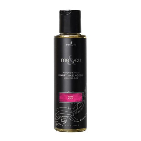 Bottle of Sensuva Me & You pheromone-infused luxury massage oil in Berry Flirty scent, 4.2 oz.