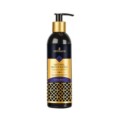 Sensuva Natural Water-Based Personal Moisturizer in 8 oz black bottle with gold and navy label, blueberry muffin scent.