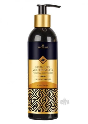 Bottle of Sensuva Ultra Thick Water Based Personal Moisturizer in salted caramel scent with black and gold design and pump dispenser.