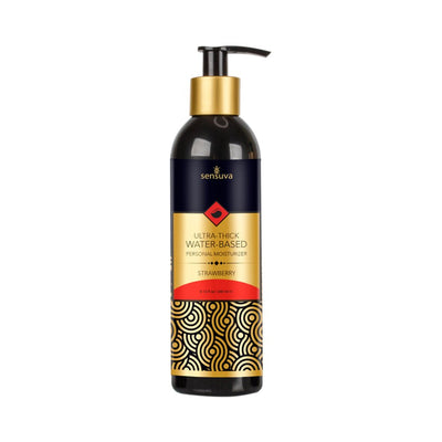 Sensuva Ultra Thick Water Based Personal Moisturizer in 8.12oz pump bottle with strawberry scent and gold black label design.
