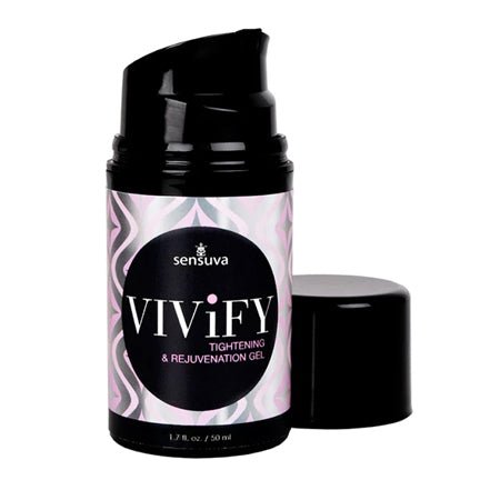 Sensuva Vivify Tightening and Rejuvenation Gel 1.7 oz in a black pump bottle with pink and white label design.