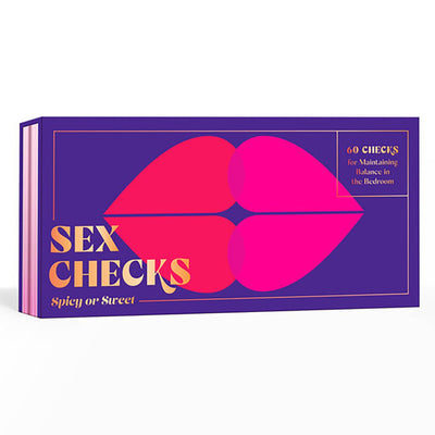 Purple box of Sex Checks Spicy or Sweet with stylized red and pink lips and gold lettering