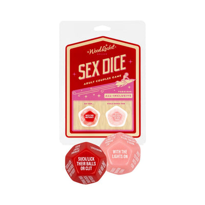 All-inclusive adult couples game set featuring two large 12-sided dice with intimate action prompts in premium packaging.