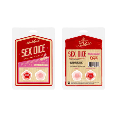 Wood Rocket Sex Dice all-inclusive adult couples game packaging showing two 12-sided dice with playful actions and instructions.