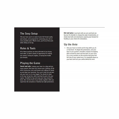 Open pages of the Sex Games Mini Book showing instructions for "The Sexy Setup" game with tips and rules in black and white text.