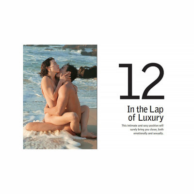 Couple embracing intimately on the beach with waves around them, illustrating "In the Lap of Luxury" position from the Sex Games Mini Book.