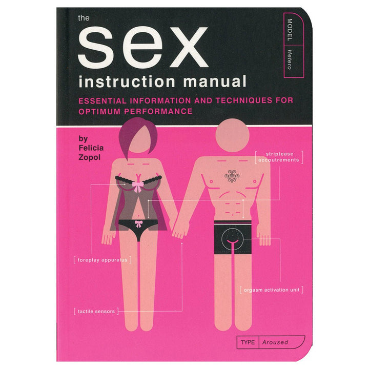 Cover of the Sex Instruction Manual book featuring stylized male and female figures with labeled anatomy and tips for optimum performance.