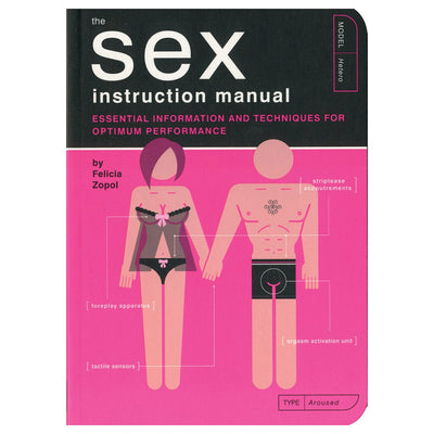 Cover of the Sex Instruction Manual book featuring stylized male and female figures with labeled anatomy and tips for optimum performance.