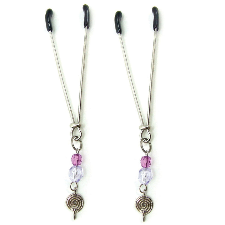 Pair of adjustable silver tweezer clamps with black tips and purple swirl charm accents on a white background.
