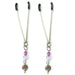 Pair of adjustable silver tweezer clamps with black tips and purple swirl charm accents on a white background.
