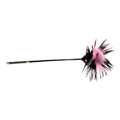 Black and pink feather tickler with a slender black handle for gentle sensory play and teasing.
