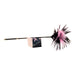 Soft pink and black feather tickler with a slender black handle and decorative tag attached.