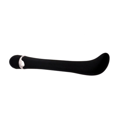 Sleek black velvet touch silicone vibrator with curved tip and chrome accent, designed for targeted pleasure.