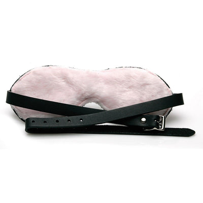 Pink plush leather blindfold with adjustable black buckle strap for a comfortable, secure fit.