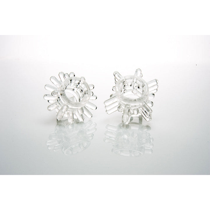 Clear stretchy 2-piece ring set with textured whisker-like protrusions for enhanced sensation.