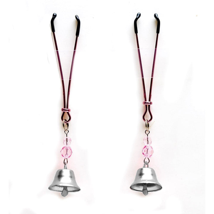 Adjustable metal nipple clamps with pink beads and small silver bells for gentle stimulation.