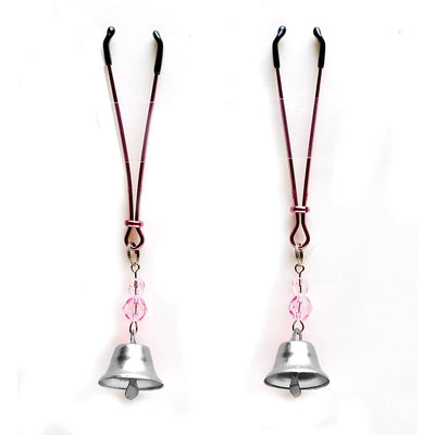 Adjustable metal nipple clamps with pink beads and small silver bells for gentle stimulation.