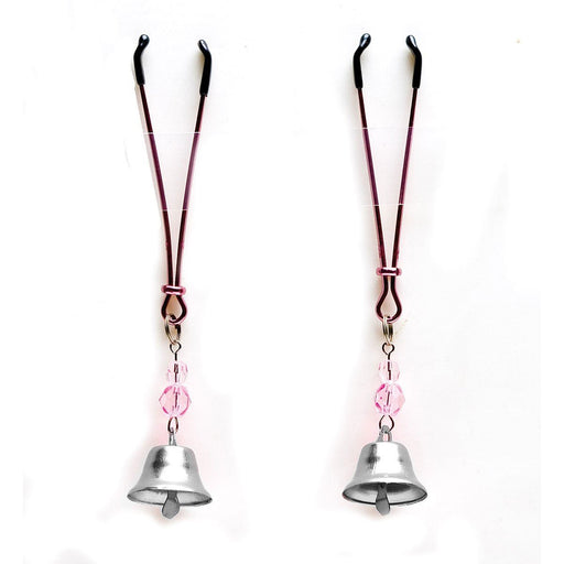 Adjustable metal nipple clamps with pink beads and small silver bells for gentle stimulation.