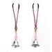 Adjustable metal nipple clamps with pink beads and small silver bells for gentle stimulation.