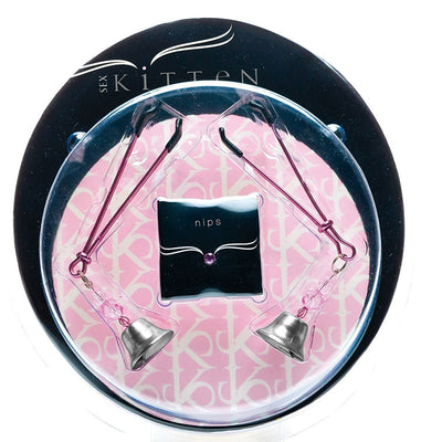 Adjustable pink metal nipple clamps with small silver bells in round Sex Kitten branded packaging.