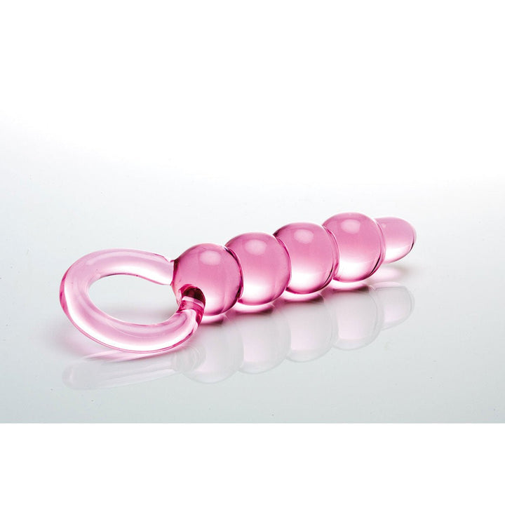 Pink glass string of pearls with a loop handle, designed for smooth and comfortable intimate use.