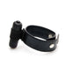 Black adjustable leather vibrating ring with a removable bullet vibrator and snap button closure on white background.