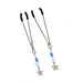 Adjustable metal tweezer clamps with black tips, blue beads, and silver star charms for customized sensation play.