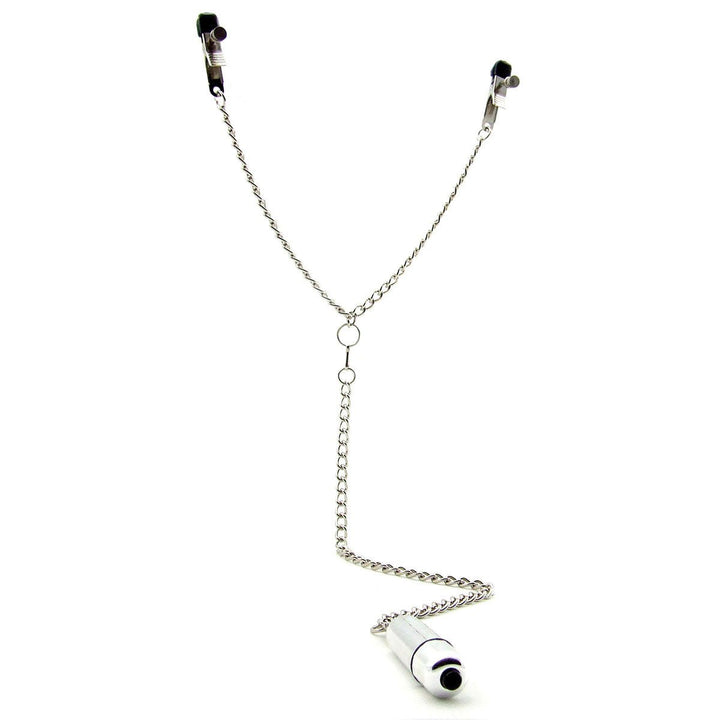 Silver Y-style nipple clamps connected by chains with a small bullet vibrator attached at the end.