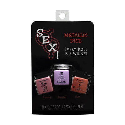 Set of three metallic dice with illustrated couple poses and labeled actions, packaged on a black card with red and white text.