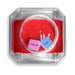 Clear plastic dice shaker with two colorful dice inside, one pink labeled nipples and one blue labeled lick, on a red background.