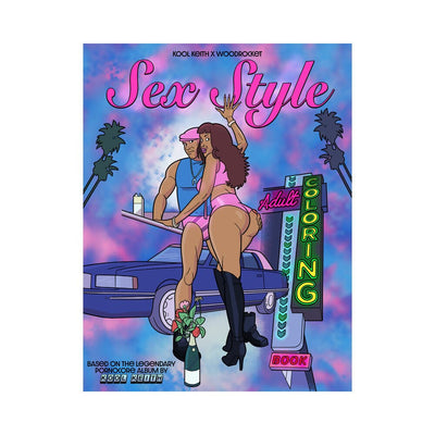 Illustrated cover of Sex Style adult coloring book featuring a couple by a car with neon sign and tropical background.