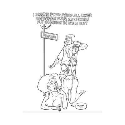 Adult coloring book page featuring a playful, provocative scene with two characters and a street sign labeled Pussy Drive.