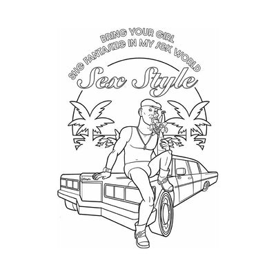 Black and white coloring page of a man in casual wear sitting on a classic car with palm trees and text "Sex Style" above.