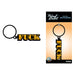 Enamel keychain with bold black and gold glitter letters spelling a bold word, attached to a black key ring.