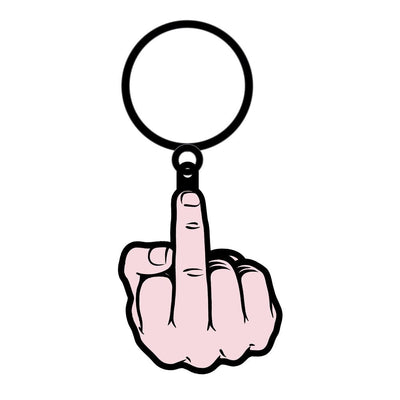 Peach-colored enamel keychain shaped like a hand showing the middle finger with a black keyring attached.