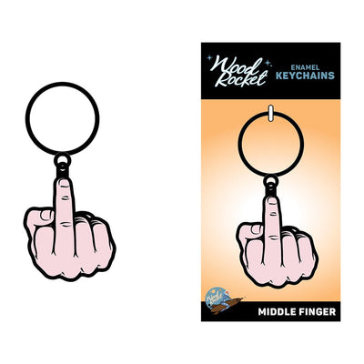 Peach-colored enamel keychain shaped like a hand showing the middle finger with black outline on packaging card.