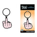 Peach-colored enamel keychain shaped like a hand showing the middle finger with black outline on packaging card.