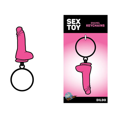 Pink enamel dildo-shaped keychain with black ring, shown alone and on branded Wood Rocket packaging.