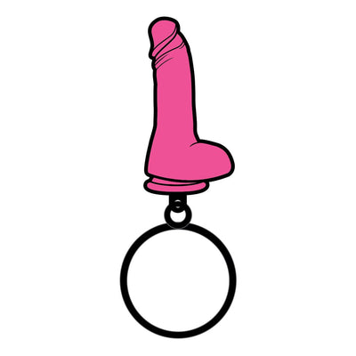 Pink enamel novelty keychain shaped like a small dildo with a black keyring attachment.