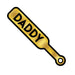 Gold enamel lapel pin shaped like a paddle with the word Daddy in bold black letters